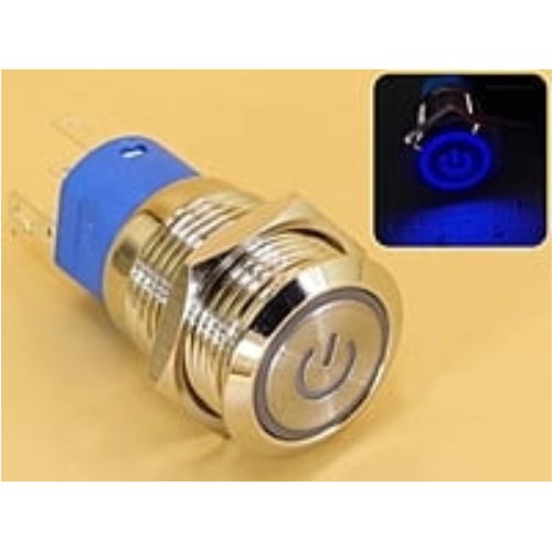 Metal Switch 16mm - Push to ON/OFF Latch - IP65 - Indicator 220V AC Blue Ring+Power