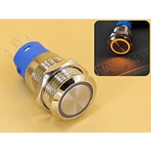 Metal Switch 16mm - Push to ON/OFF Latch - IP65 - Indicator 12-24V DC Yellow Ring