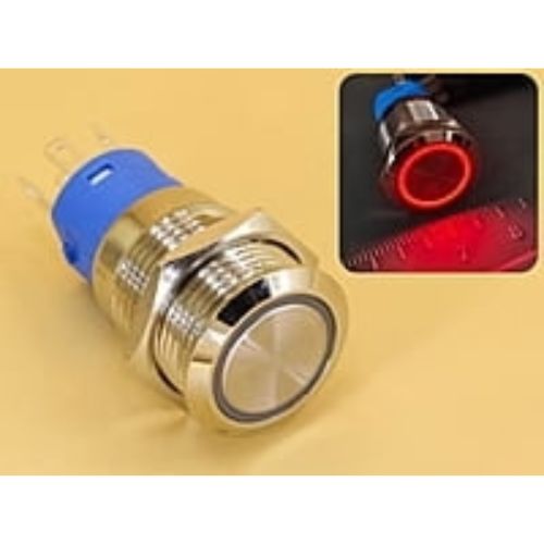 Metal Switch 16mm - Push to ON/OFF Latch - IP65 - Indicator 3-6V DC Red Ring