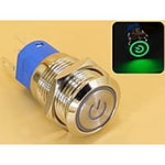 Metal Switch 16mm - Push to ON/OFF Latch - IP65 - Indicator 3-6V DC Green Ring+Power