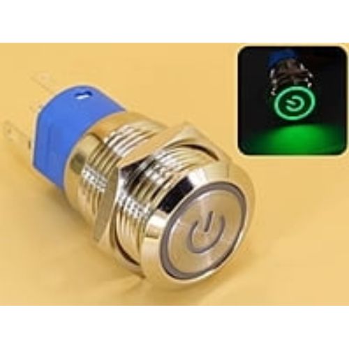 Metal Switch 16mm - Push to ON/OFF Latch - IP65 - Indicator 3-6V DC Green Ring+Power