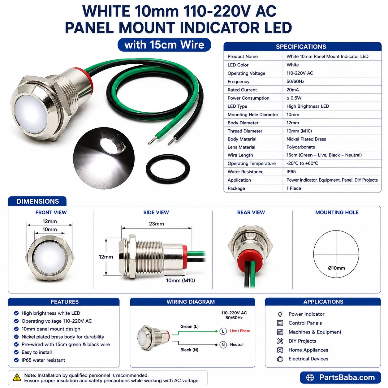 White 10mm 110-220V AC Panel Mount Indicator LED with 15cm wire