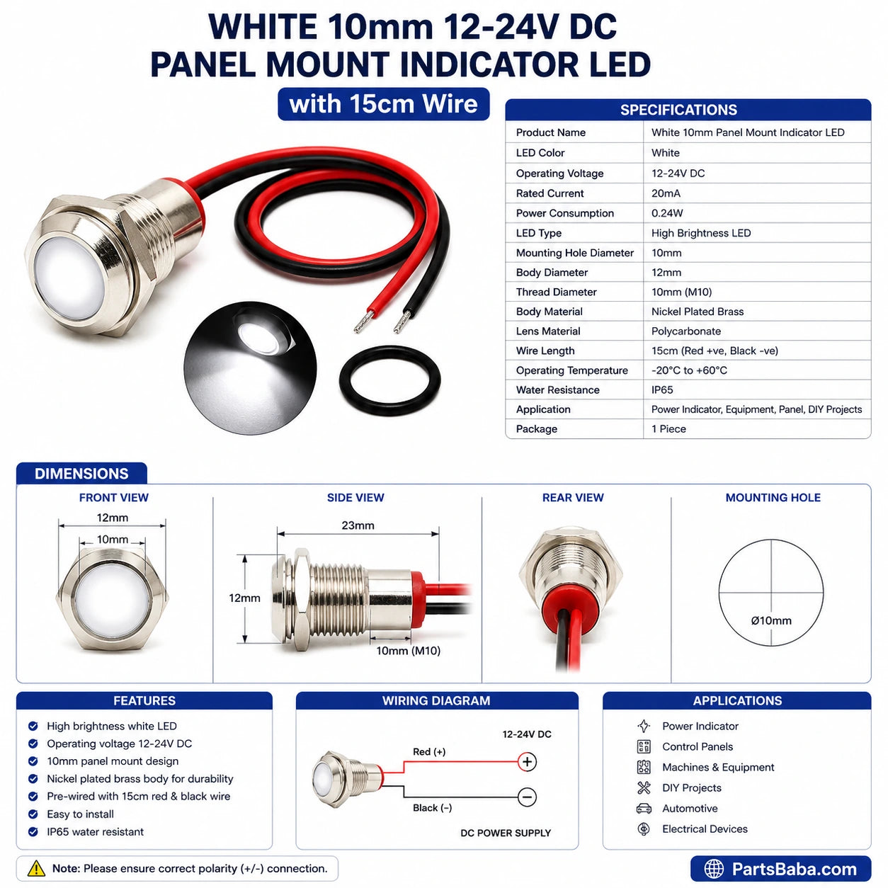 White 10mm 12-24V DC Panel Mount Indicator LED with 15cm wire