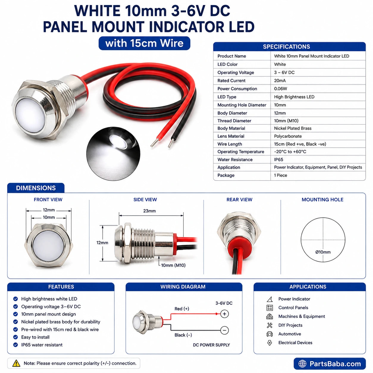 White 10mm 3-6V DC Panel Mount Indicator LED with 15cm wire