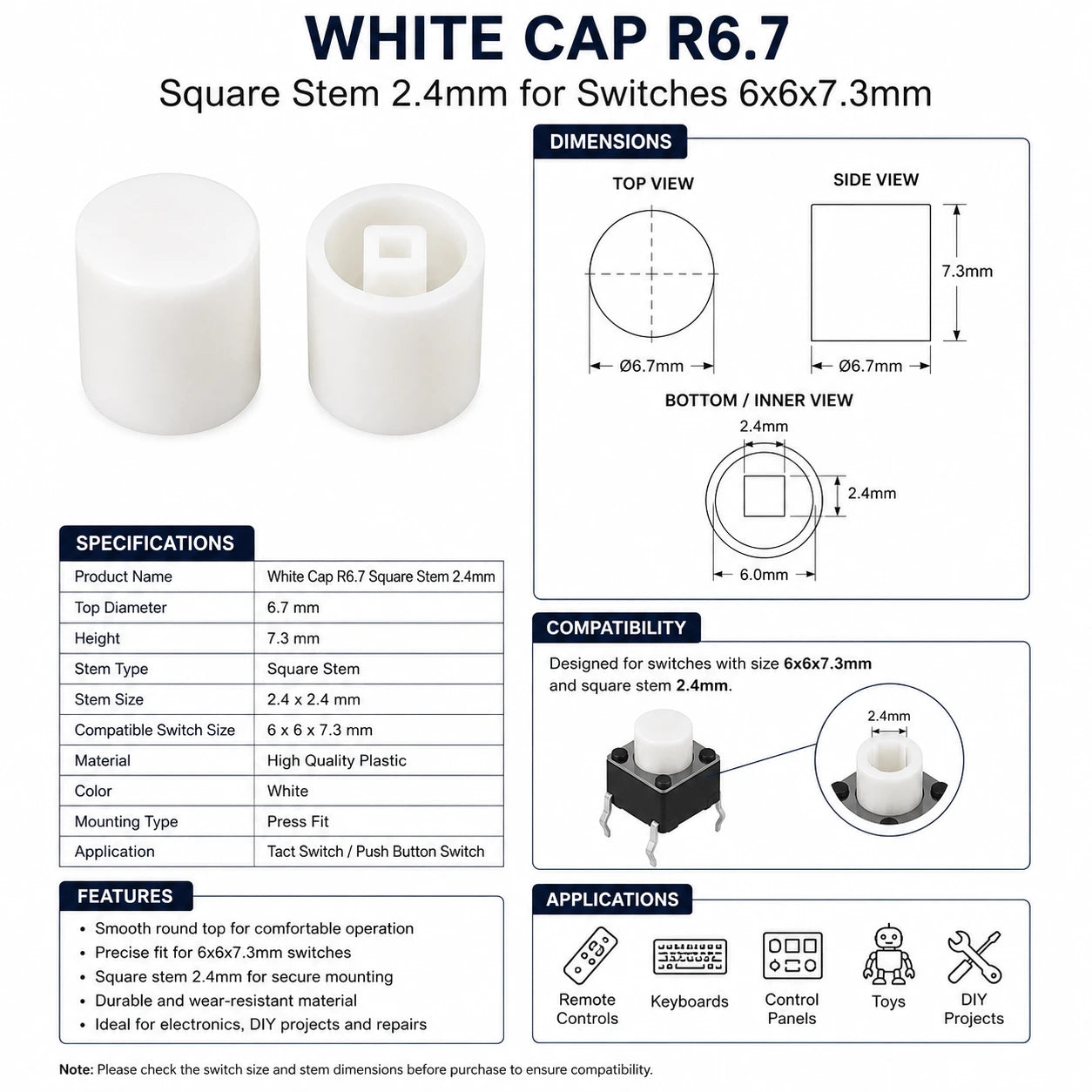 White Cap R6.7 Square Stem 2.4mm for Switches 6x6x7.3mm