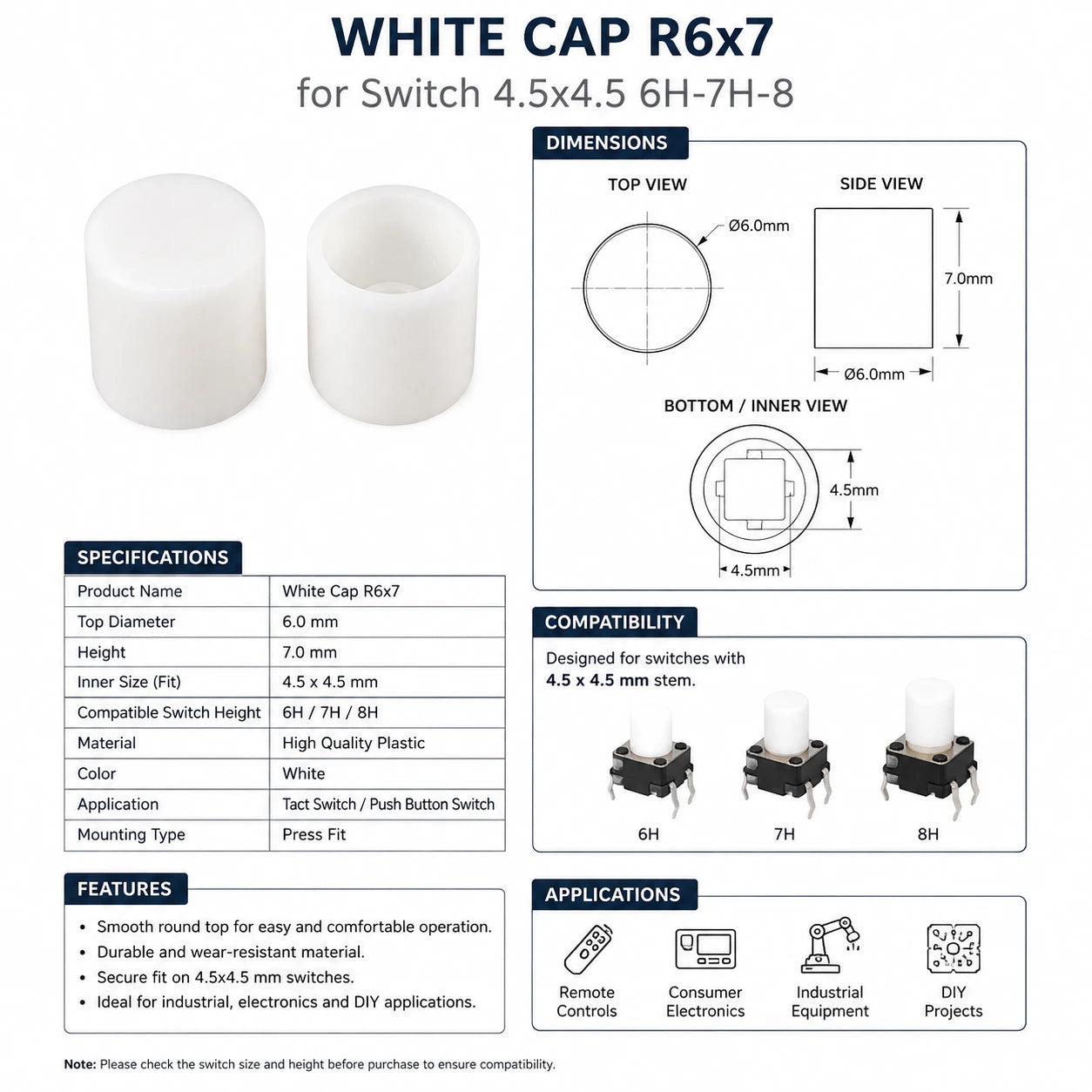 White Cap R6x7 for Switch 4.5x4.5 6H-7H-8H