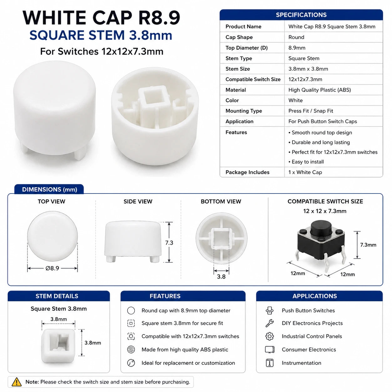 White Cap R8.9 Square Stem 3.8mm for Switches 12x12x7.3mm