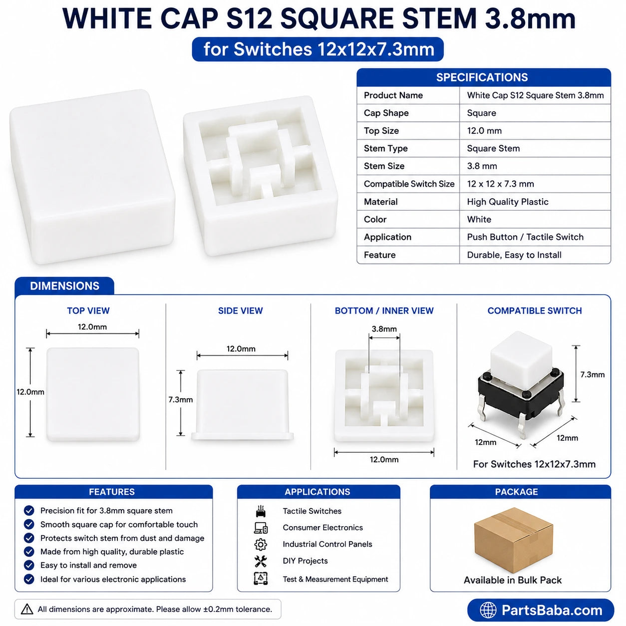 White Cap S12 Square Stem 3.8mm for Switches 12x12x7.3mm
