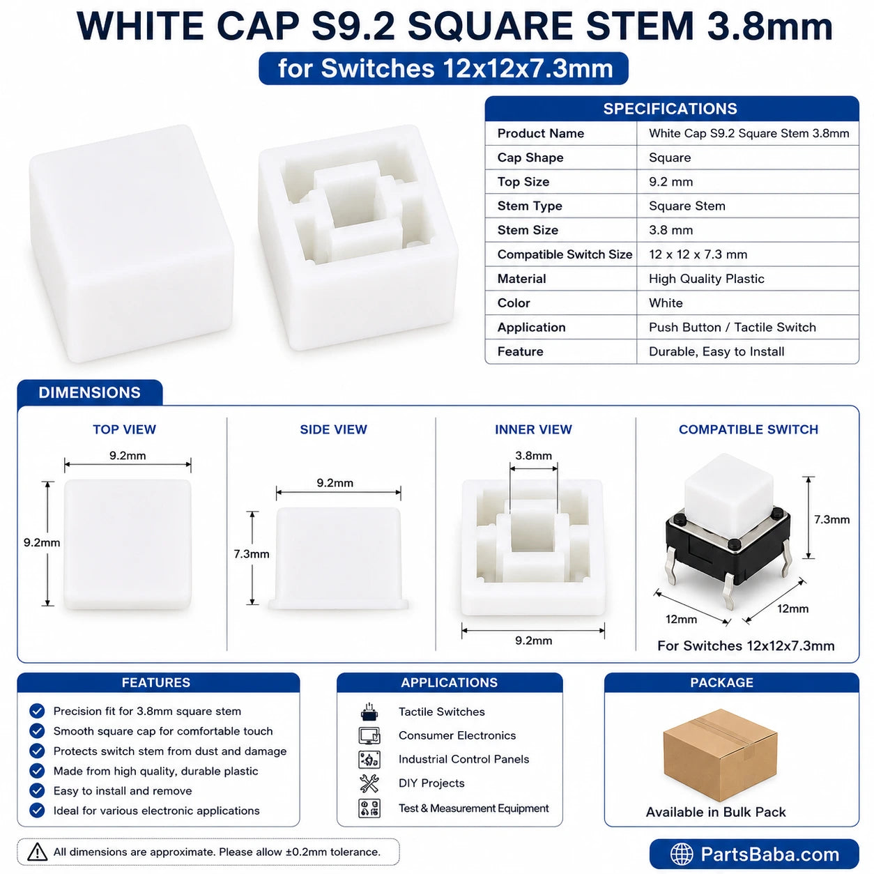 White Cap S9.2 Square Stem 3.8mm for Switches 12x12x7.3mm