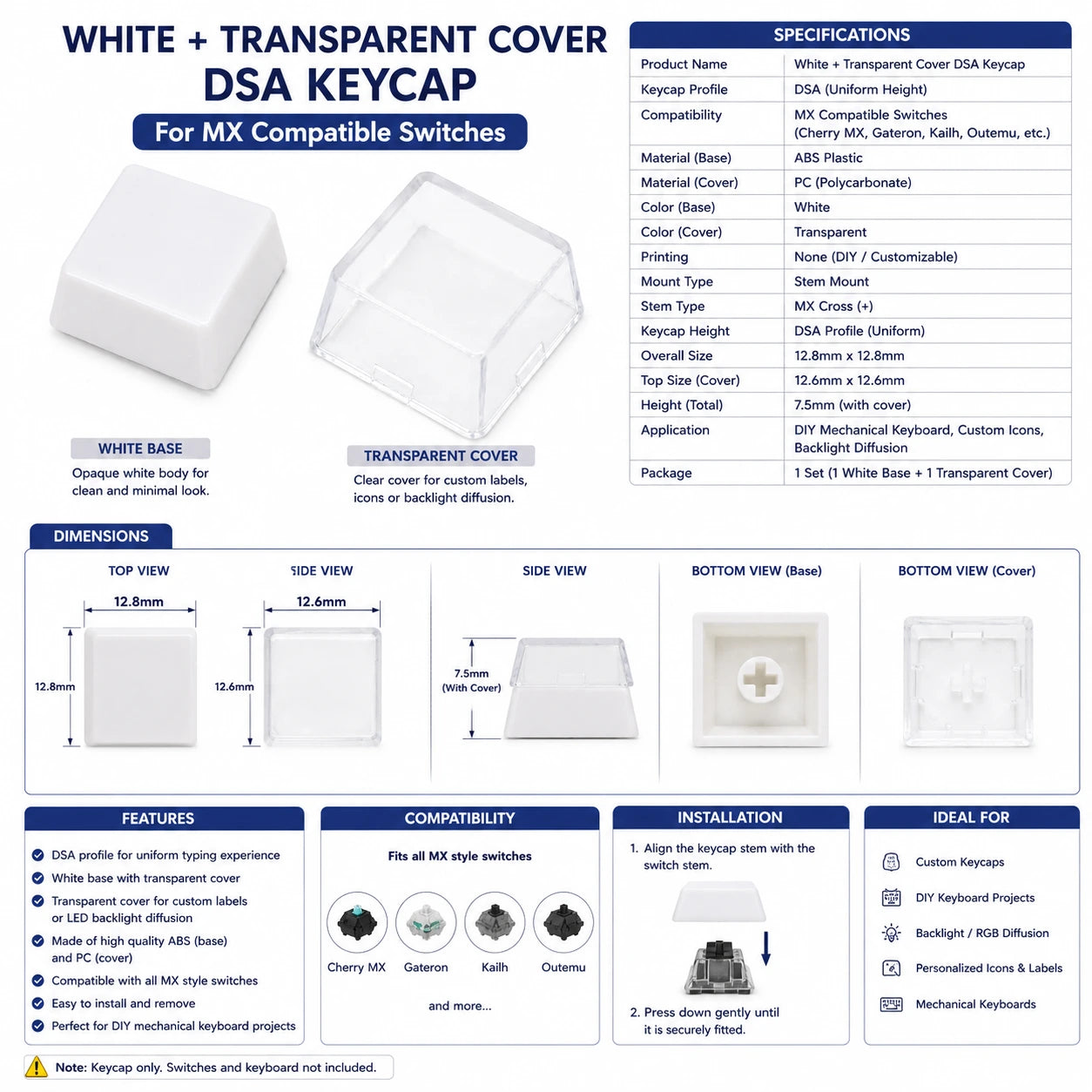 White + Transparent Cover DSA Keycap for MX Compatible Switches