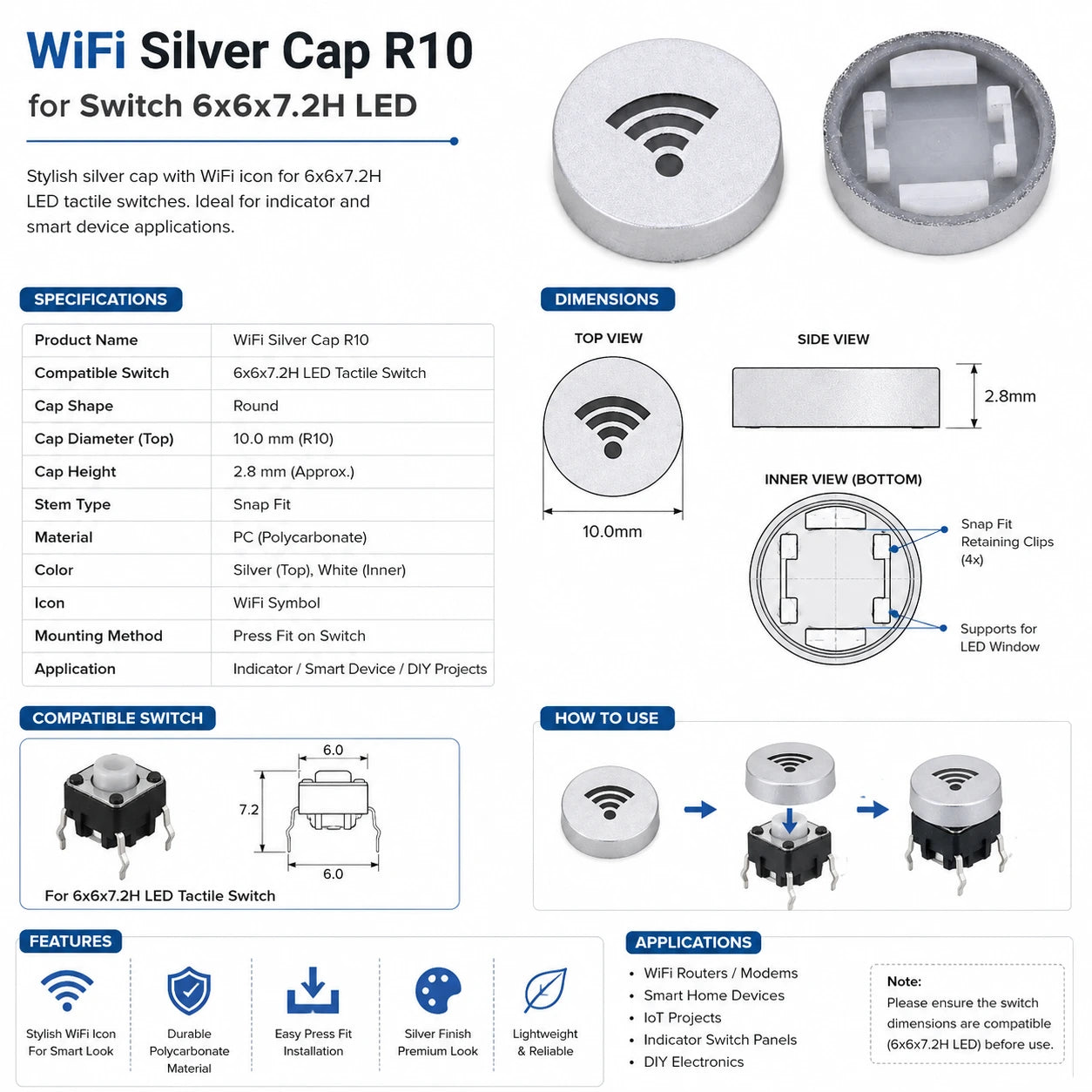Wifi Silver Cap R10 for Switch 6x6x7.2H LED