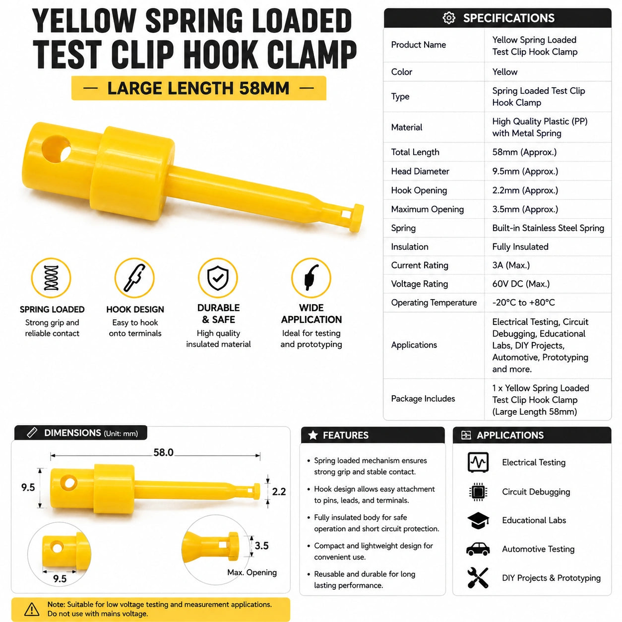 Yellow Spring Loaded Test Clip Hook Clamp Large Length 58mm