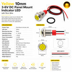 Yellow 10mm 3-6V DC Panel Mount Indicator LED with 15cm wire