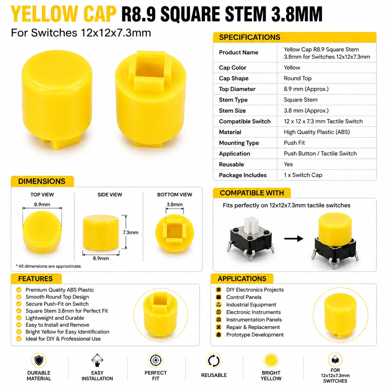 Yellow Cap R8.9 Square Stem 3.8mm for Switches 12x12x7.3mm