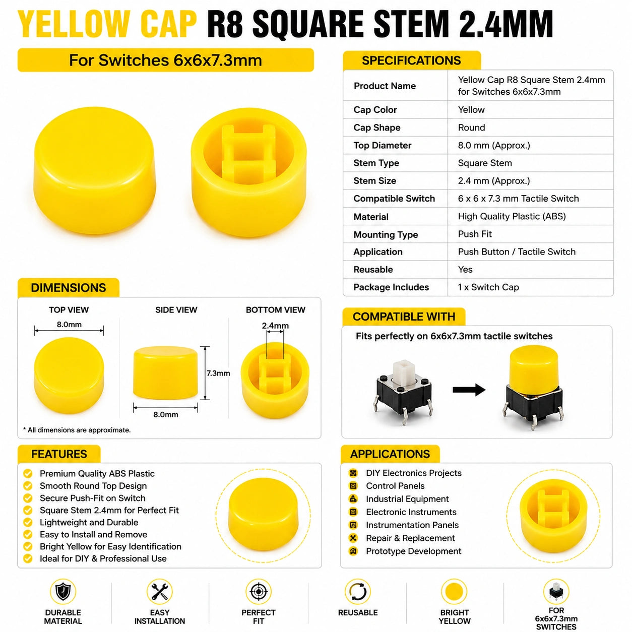 Yellow Cap R8 Square Stem 2.4mm for Switches 6x6x7.3mm