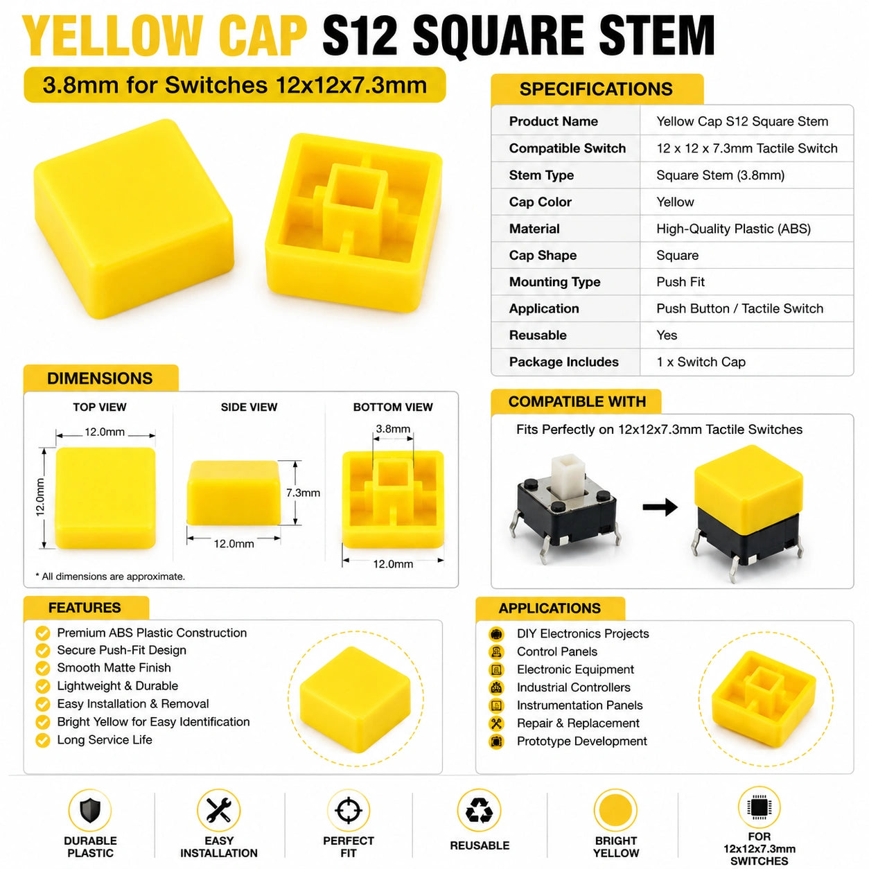 Yellow Cap S12 Square Stem 3.8mm for Switches 12x12x7.3mm