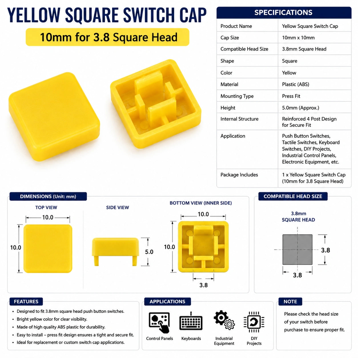 Yellow Square Switch Cap 10mm for 3.8 Square Head