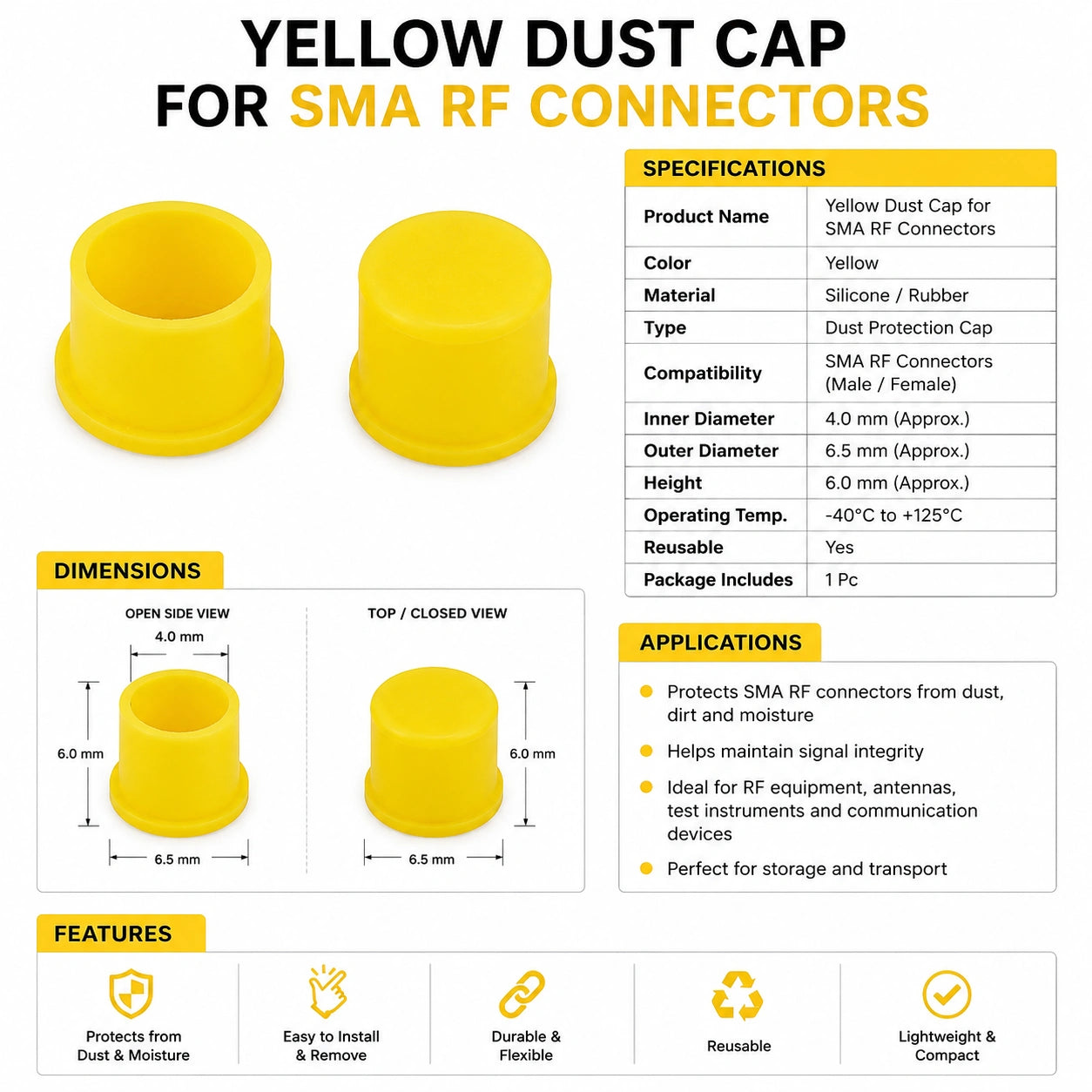 Yellow dust cap for SMA RF Connectors