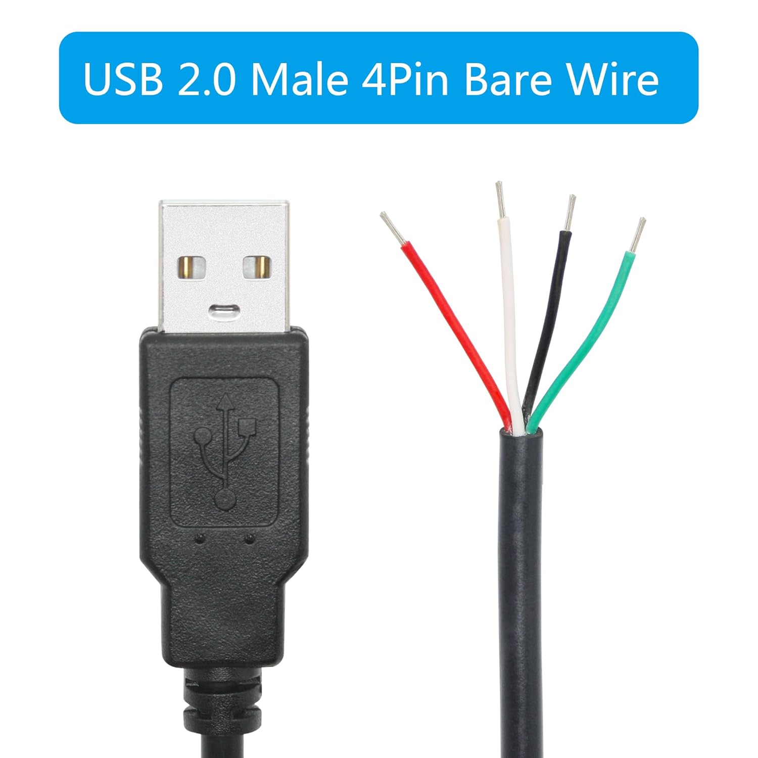 USB A Male 4 Pin Bare Wire 1 meter, 5V/2A USB 4 Pin Pigtail Open End replacement cable for Keyboards & mouse