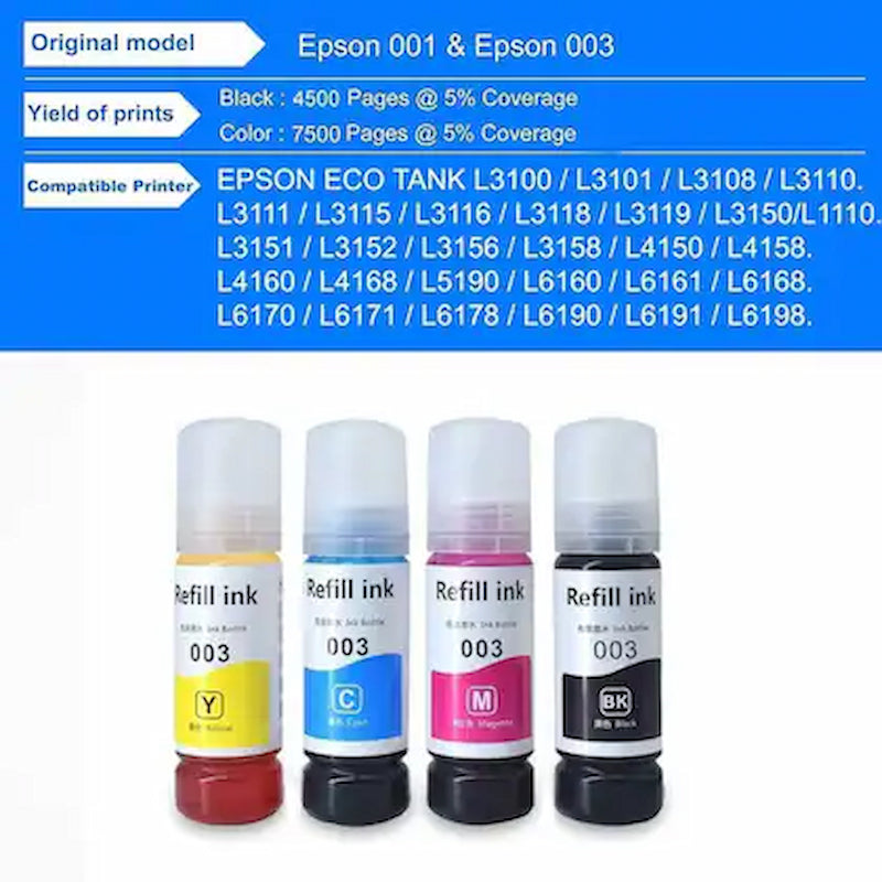 Refill Ink 003 For Epson L3100 L3110 L3150 L3151 L3152 Printer (CMYK)