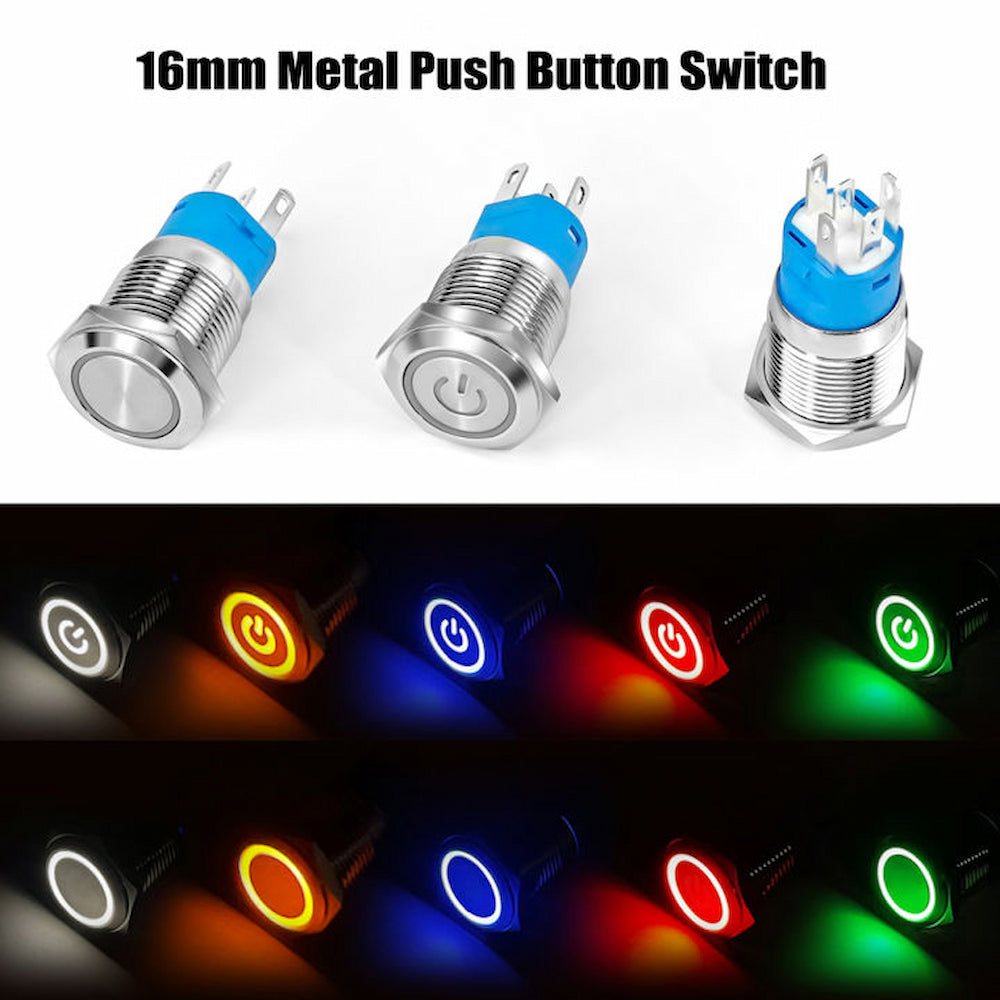 Metal Switch 16mm - Push to ON Momentary - IP65 - Indicator 220V AC Red Ring