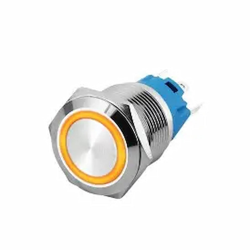 Metal Switch 16mm - Push to ON/OFF Latch - IP65 - Indicator 3-6V DC Yellow Ring