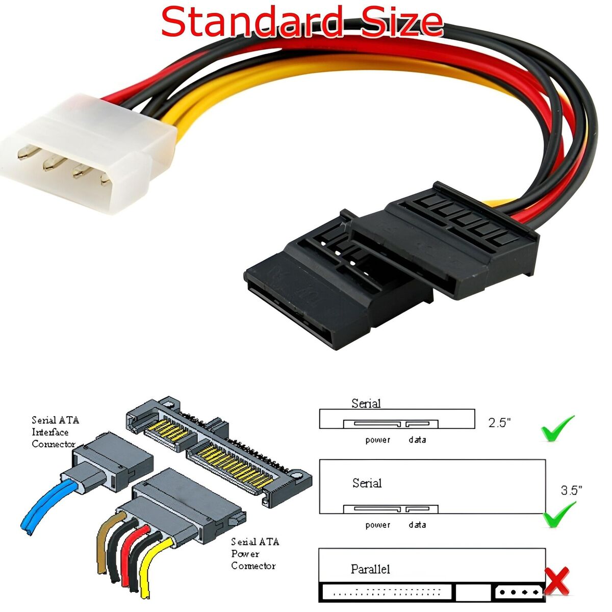 Molex to SATA Cable - 15 Pin SATA to 4 Pin Molex Power Adapter Cable Cord