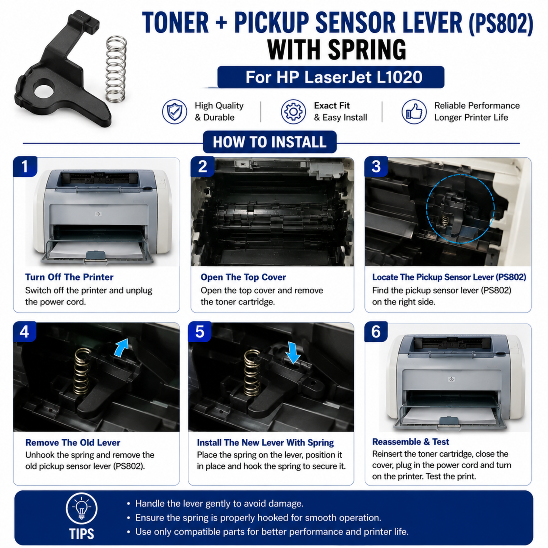Toner + Pickup Sensor Lever (PS802) With Spring For HP LaserJet L1020