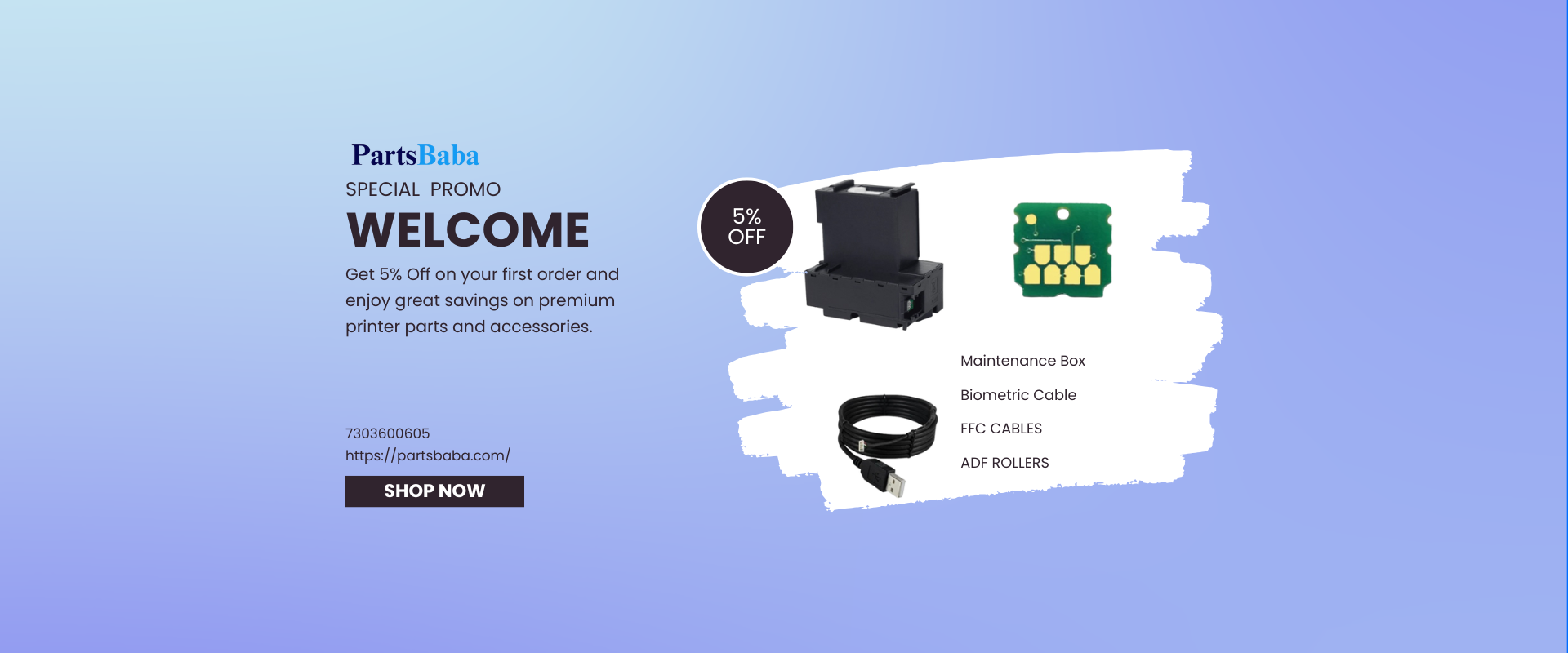 Promotional banner for Parisbaba with product images and text on a blue background